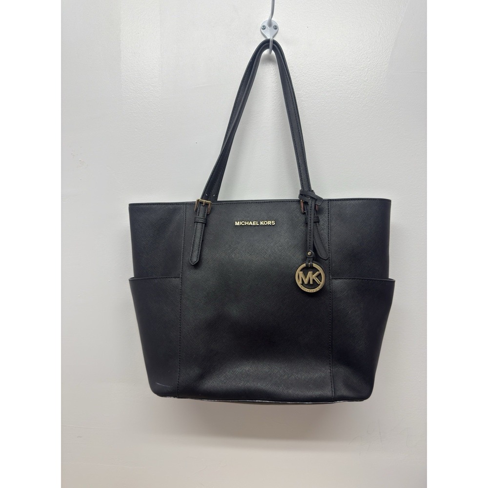 MICHAEL KORS CHARLOTTE LARGE TOP ZIP BLACK LEATHER TOTE BAG  Saffiano‎ #54